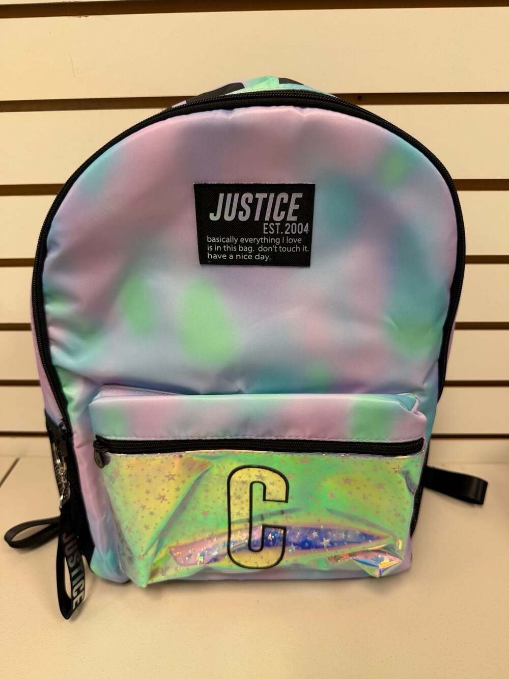 Justice Initial 'C' Pastel Tie-Dye Backpack with Iridescent Pocket NWT